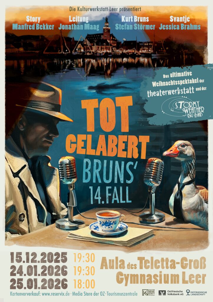 Offizielles Plakat de Veranstaltung mit dem im grauen Mantel gekleideten Bruns und einer ins Mikrofon sprechende Gans.