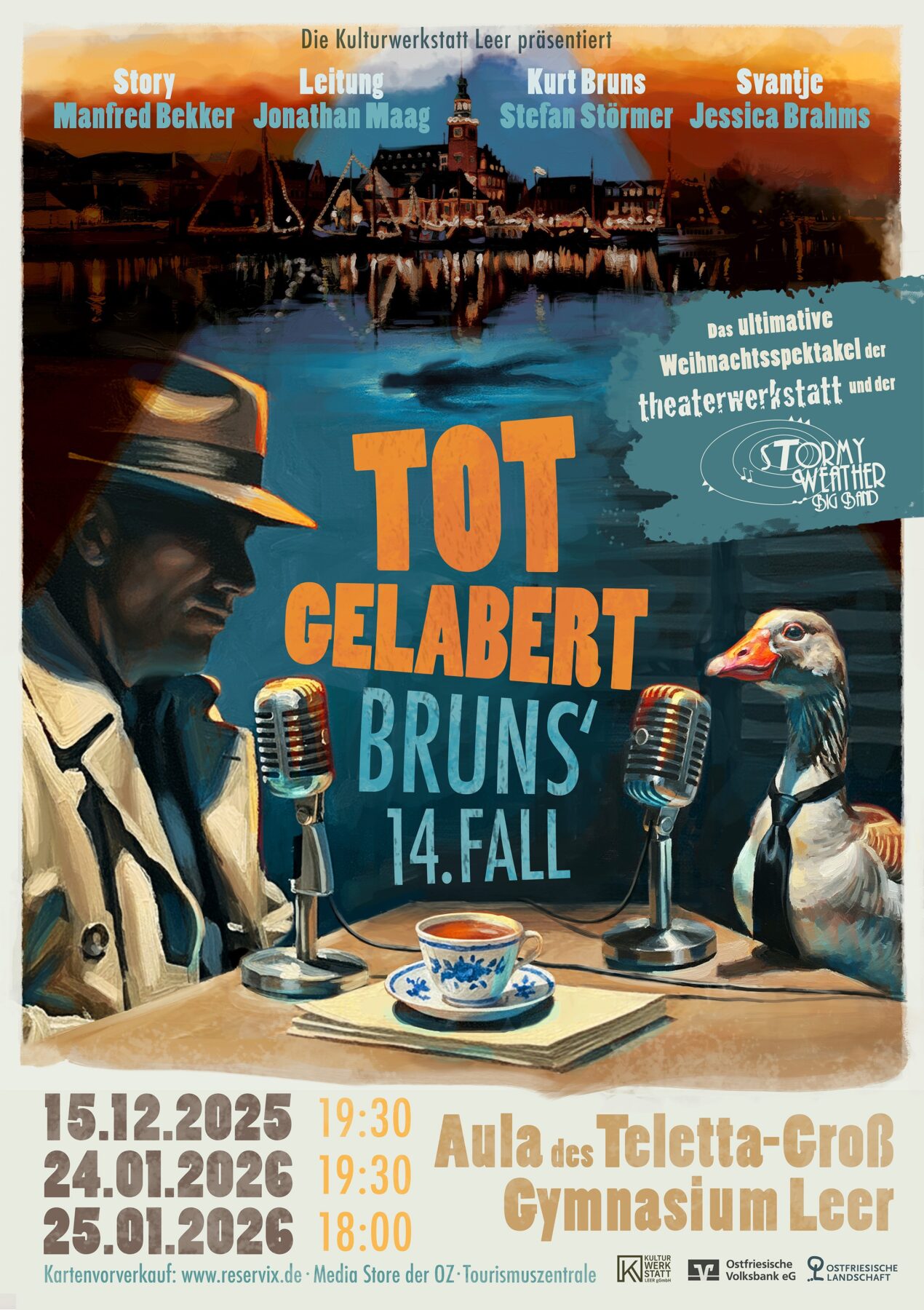 Offizielles Plakat de Veranstaltung mit dem im grauen Mantel gekleideten Bruns und einer ins Mikrofon sprechende Gans.