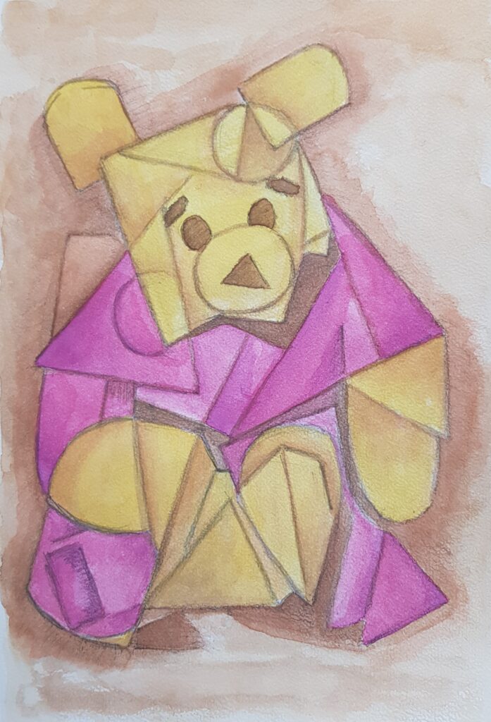 abstrakter Teddybär mit lila Outfit