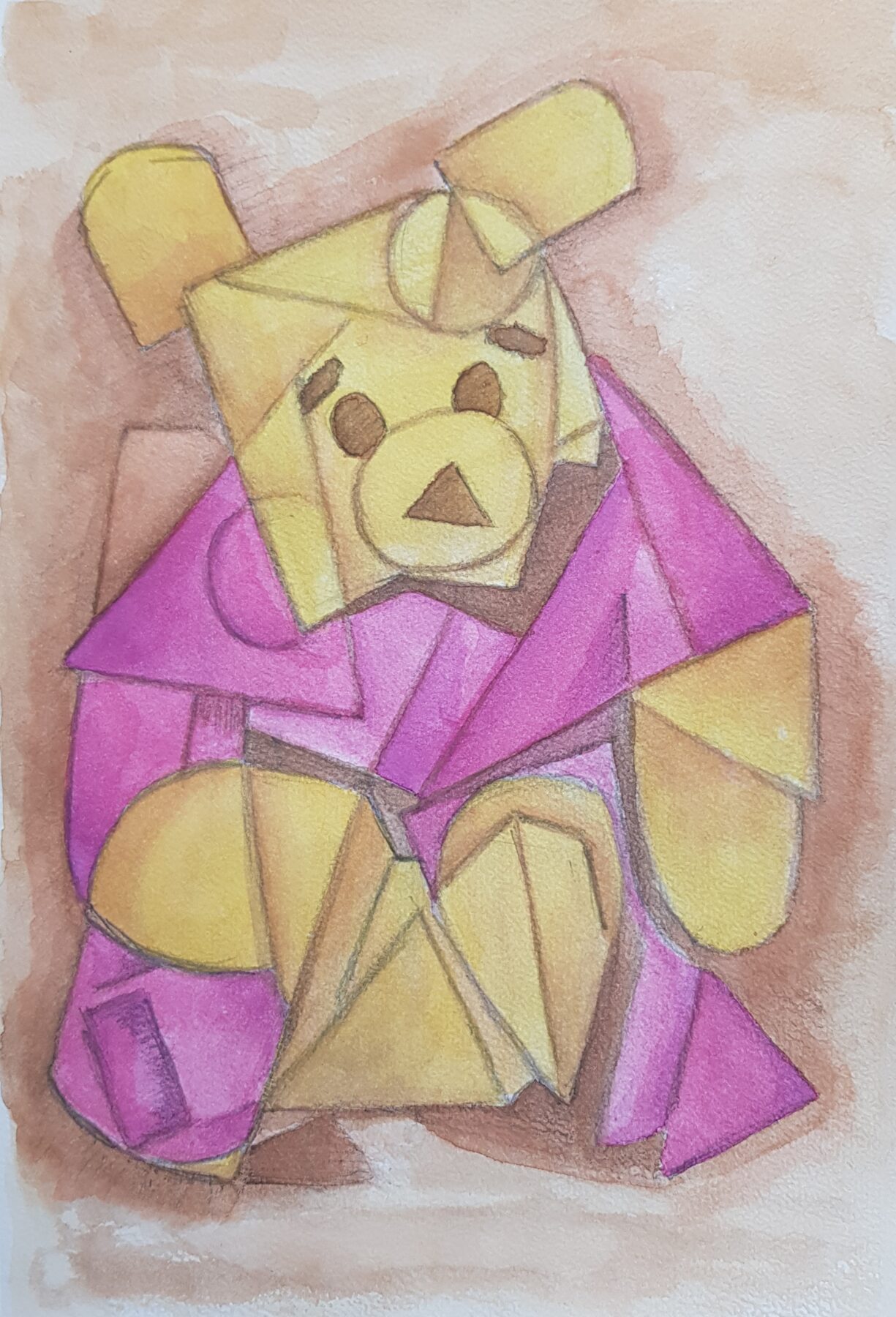 abstrakter Teddybär mit lila Outfit