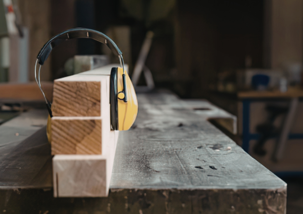 drei Latten Holz auf Werktisch, Kopfhörer